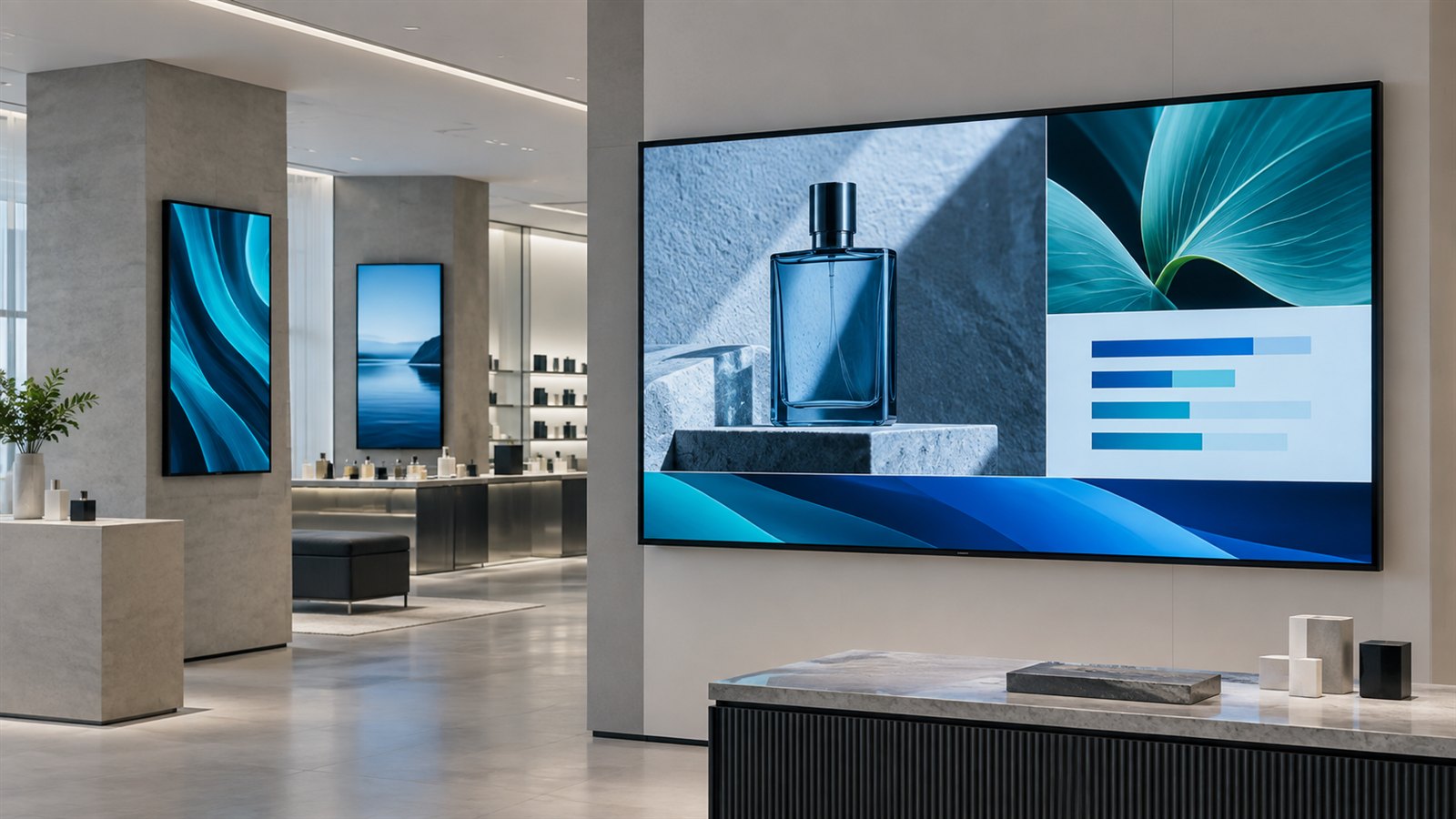 Digital signage displays with multi-zone content in a showroom